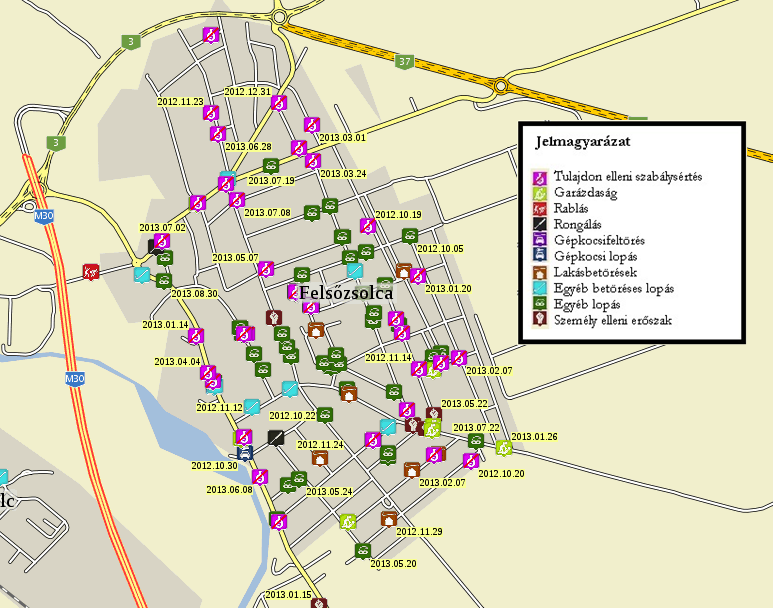 11. ábra Felsőzsolca bűnügyi térképe 2012. szeptembere és 2013. szeptembere között, Forrás: police.