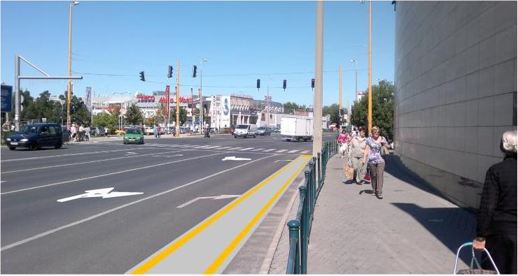 22. ábra: 2.1 Palotai út (belváros felőli oldal) Alba Plaza mellett a jobbra kanyarodó sáv rovására kialakított kerékpársáv mintakeresztszelvénye 130 65. kép:2.