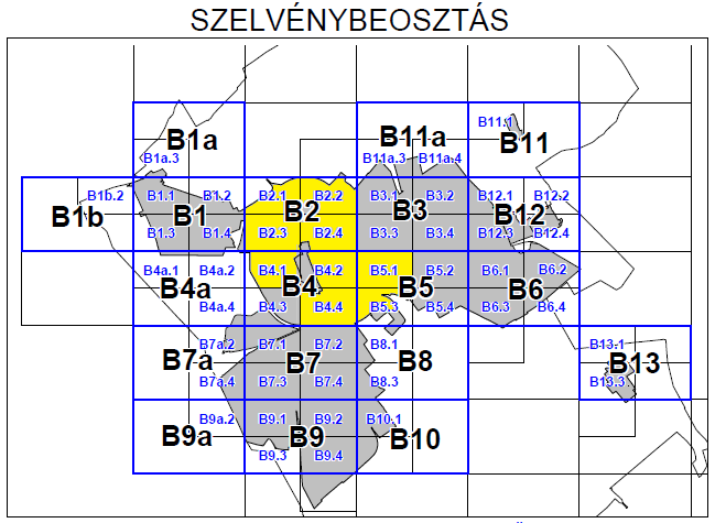 4. térkép: Székesfehérvár Megyei Jogú Város külterületének valamint egyes belterületi területrészeinek szabályozási tervének szelvénybeosztása, az érintett szelvények sárga megjelölésével B.2.