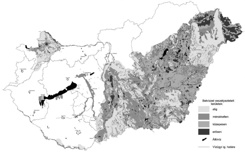 HELYZETFELTÁRÓ - HELYZETELEMZŐ - HELYZETÉRTÉKELŐ MUNKARÉSZEK 172 48. térkép: Magyarország belvíz veszélyeztetettségi térképe (1. belvízzei nem, vagy alig veszélyeztetett terület, 2.
