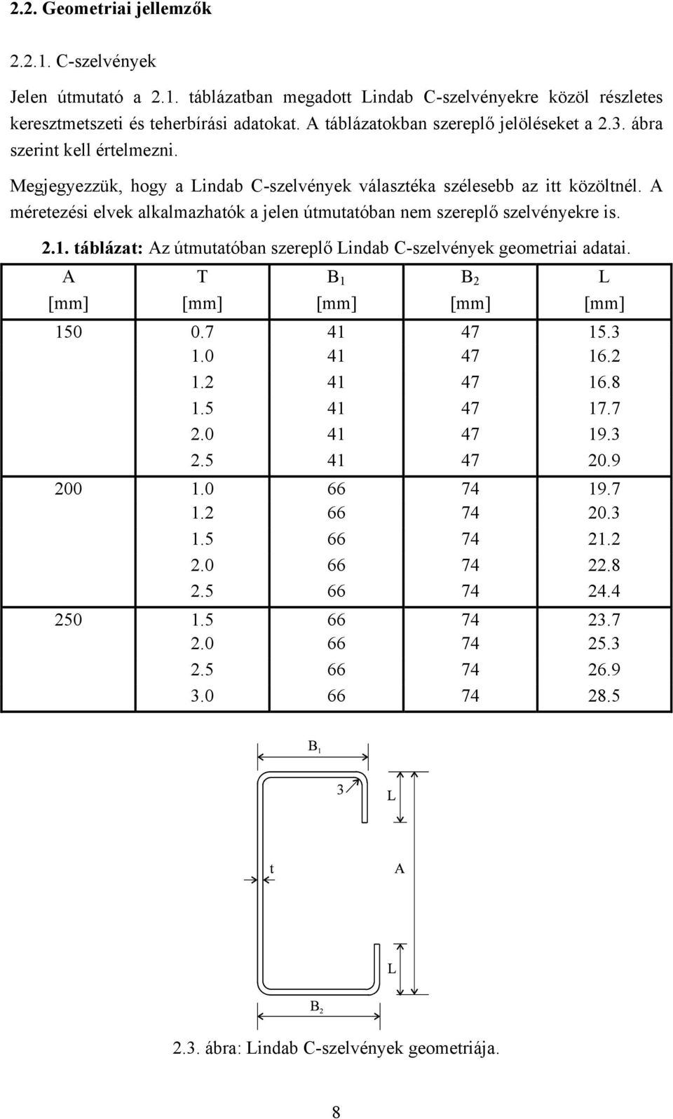 A méretezési elvek alkalmazhatók a jelen útmutatóban nem szereplő szelvényekre is. 2.1. táblázat: Az útmutatóban szereplő Lindab C-szelvények geometriai adatai.