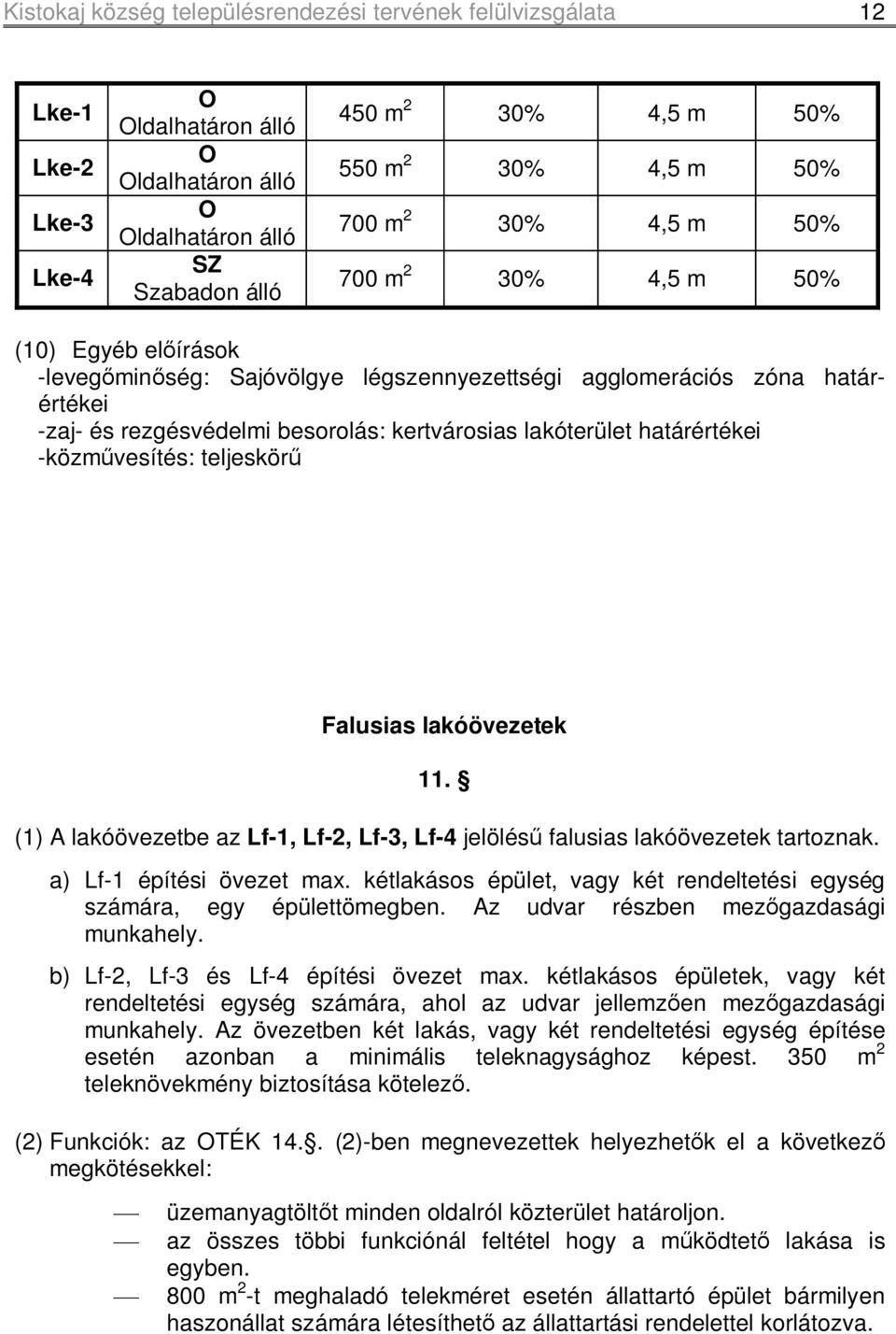 lakóterület határértékei -közművesítés: teljeskörű Falusias lakóövezetek 11. (1) A lakóövezetbe az Lf-1, Lf-2, Lf-3, Lf-4 jelölésű falusias lakóövezetek tartoznak. a) Lf-1 építési övezet ma.