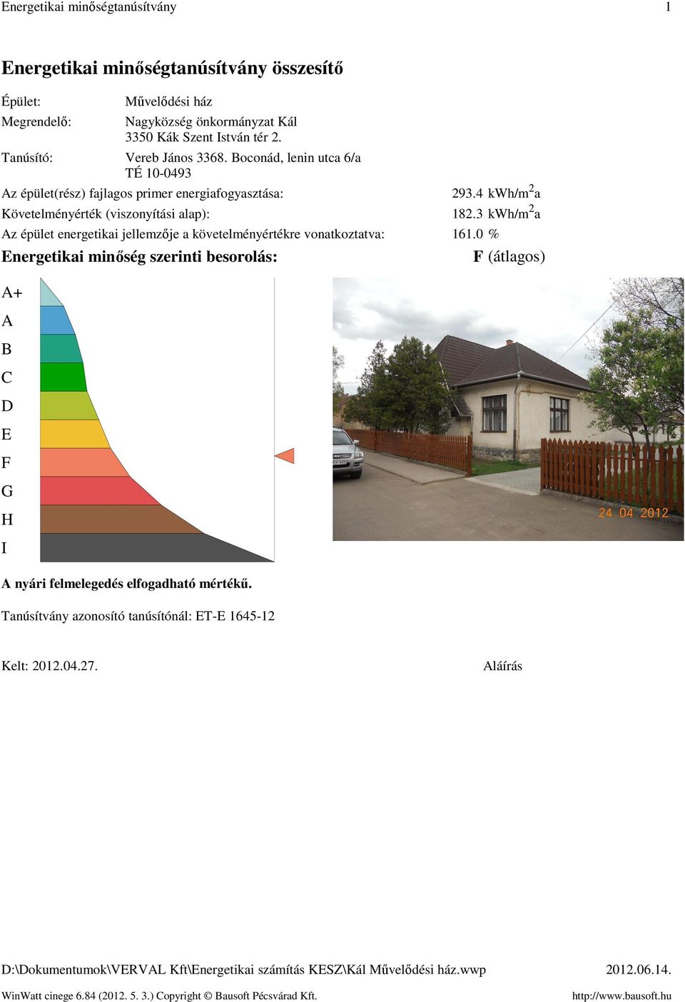 Boconád, lenin utca 6/a TÉ 1-493 Az épület(rész) fajlagos primer energiafogyasztása: Követelményérték (viszonyítási alap): 293.4 kwh/m 2 a 182.
