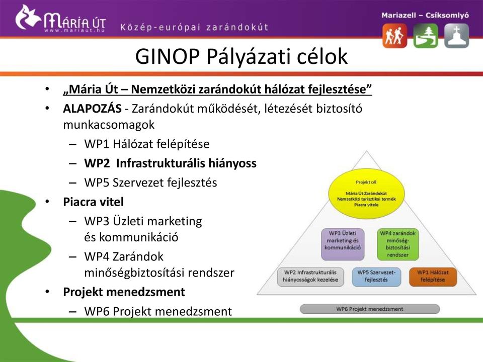 Infrastrukturális hiányosságok kezelése WP5 Szervezet fejlesztés Piacra vitel WP3 Üzleti