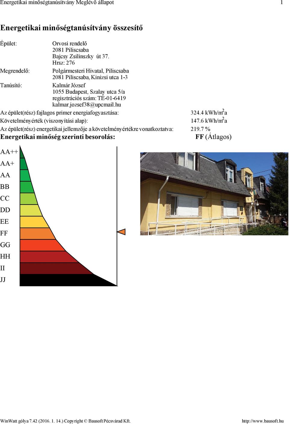 TÉ016419 kalmar.jozsef38@upmail.hu Az épület(rész) fajlagos primer energiafogyasztása: 324.4 kwh/m 2 a Követelményérték (viszonyítási alap): 147.