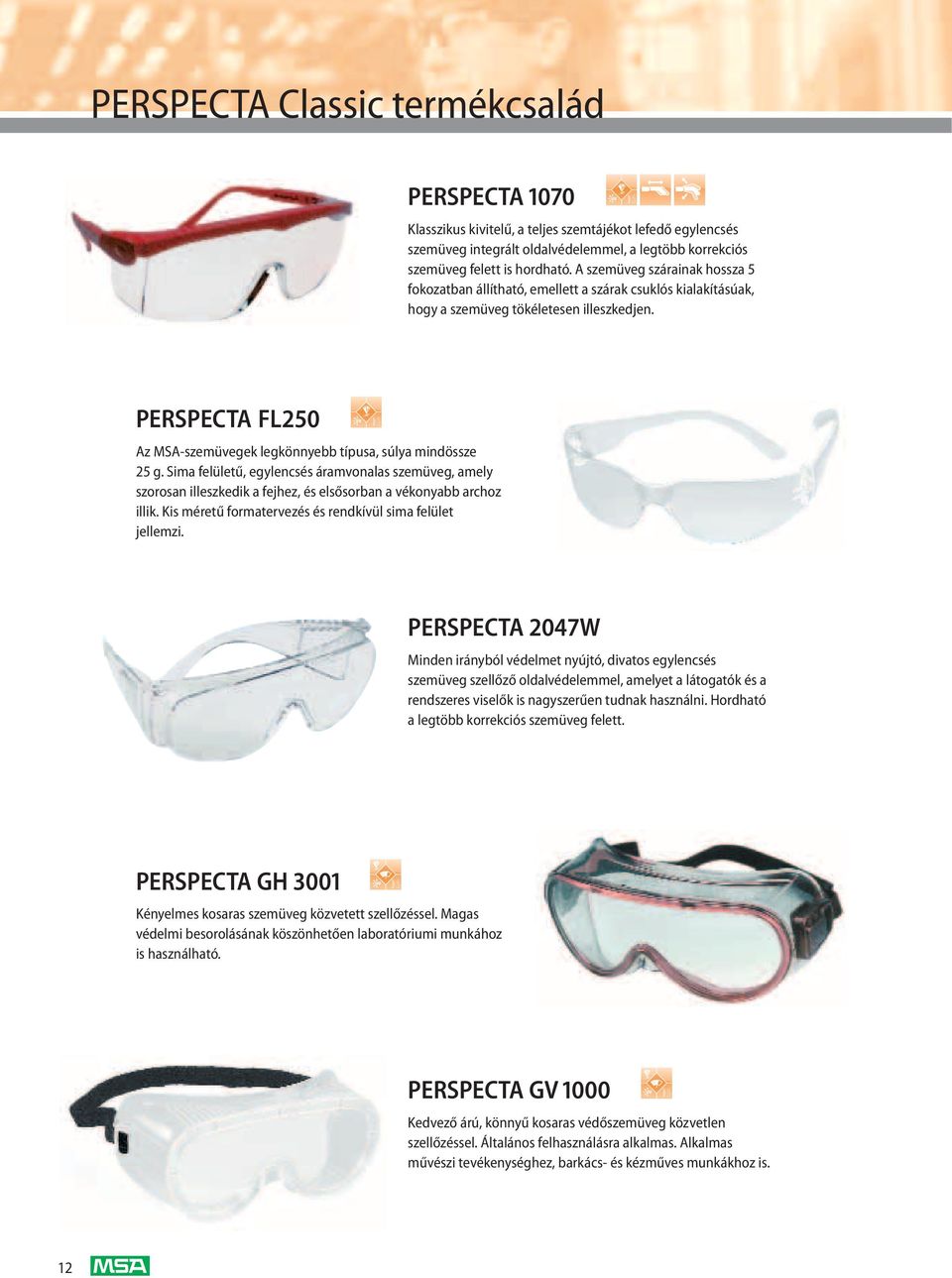 PERSPECTA FL250 Az MSA-szemüvegek legkönnyebb típusa, súlya mindössze 25 g. Sima felületű, egylencsés áramvonalas szemüveg, amely szorosan illeszkedik a fejhez, és elsősorban a vékonyabb archoz illik.