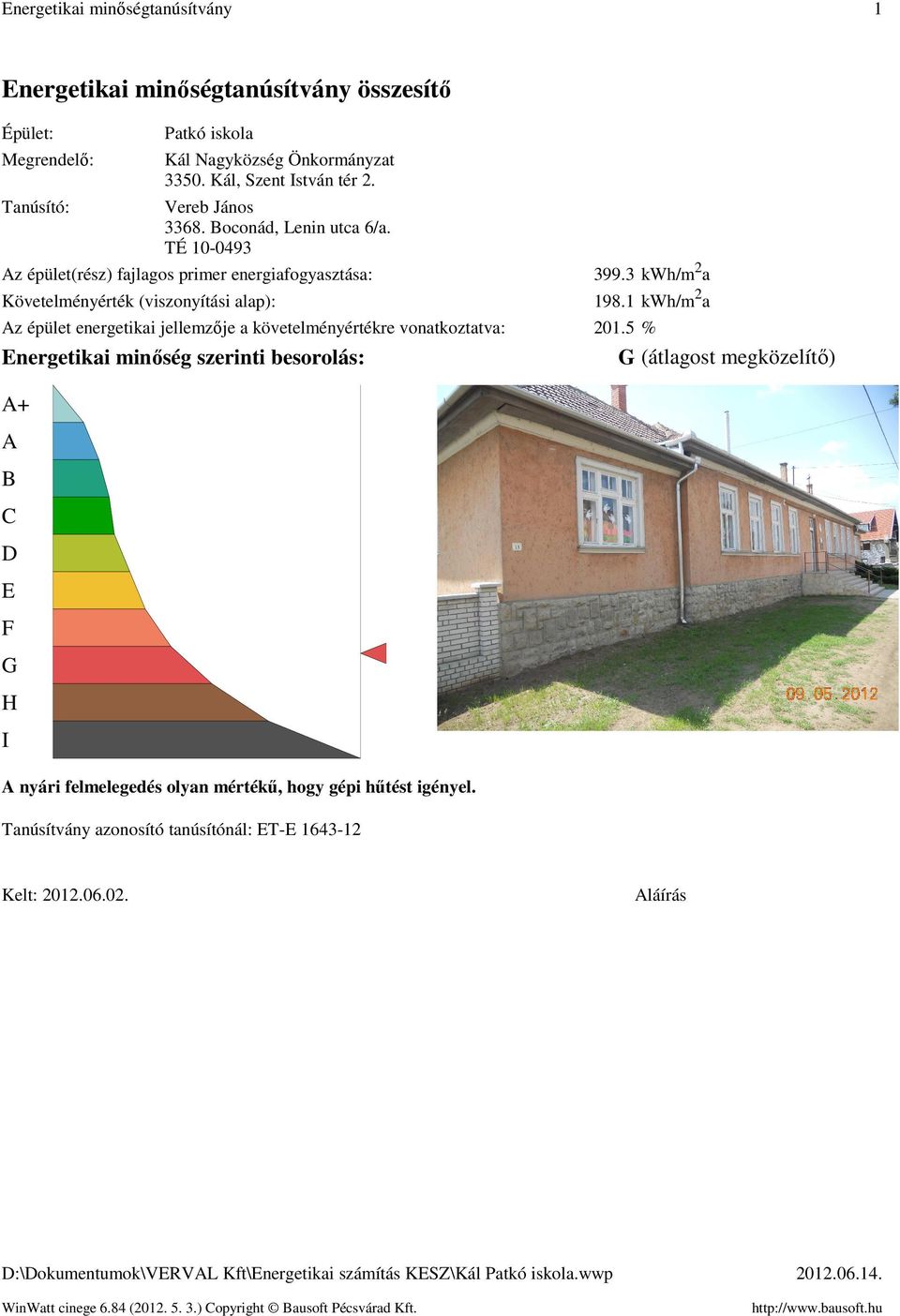 TÉ 1-493 Az épület(rész) fajlagos primer energiafogyasztása Követelményérték (viszonyítási alap) 399.3 kwh/m 2 a 198.