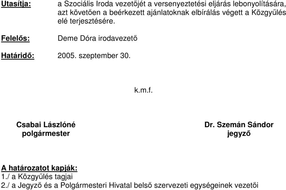 Deme Dóra irodavezető Határidő: 2005. szeptember 30. k.m.f. Csabai Lászlóné polgármester Dr.