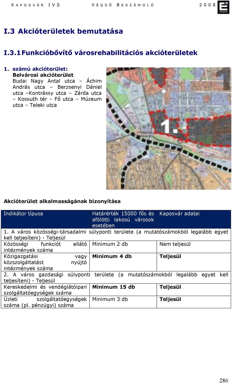 alkalmasságának bizonyítása Indikátor típusa Határérték 15000 fős és Kaposvár adatai afölötti lakosú városok esetében 1.