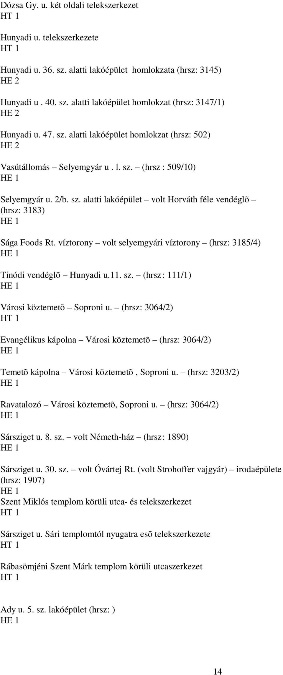 víztorony volt selyemgyári víztorony (hrsz: 3185/4) Tinódi vendéglõ Hunyadi u.11. sz. (hrsz : 111/1) Városi köztemetõ Soproni u.