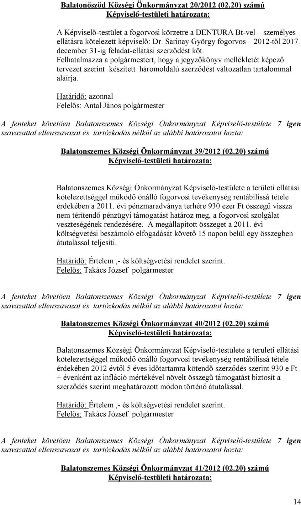 Határidő: azonnal Felelős: Antal János polgármester Balatonszemes Községi Önkormányzat 39/2012 (02.