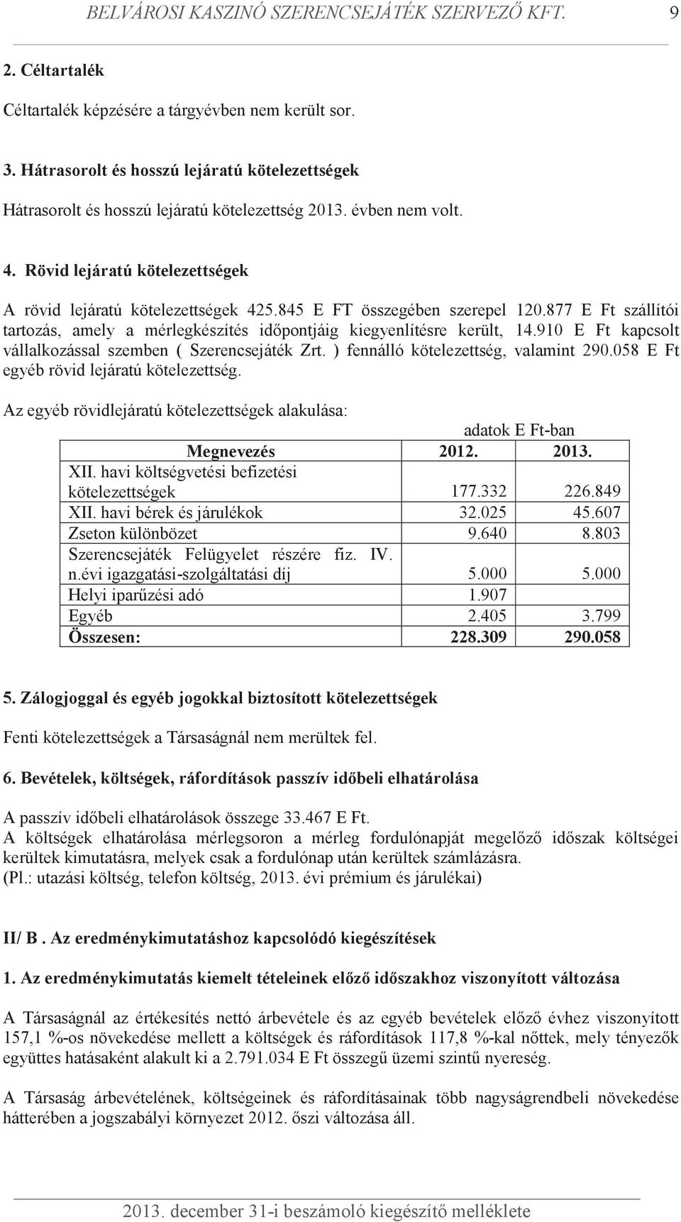 845 E FT összegében szerepel 120.877 E Ft szállítói tartozás, amely a mérlegkészítés időpontjáig kiegyenlítésre került, 14.910 E Ft kapcsolt vállalkozással szemben ( Szerencsejáték Zrt.